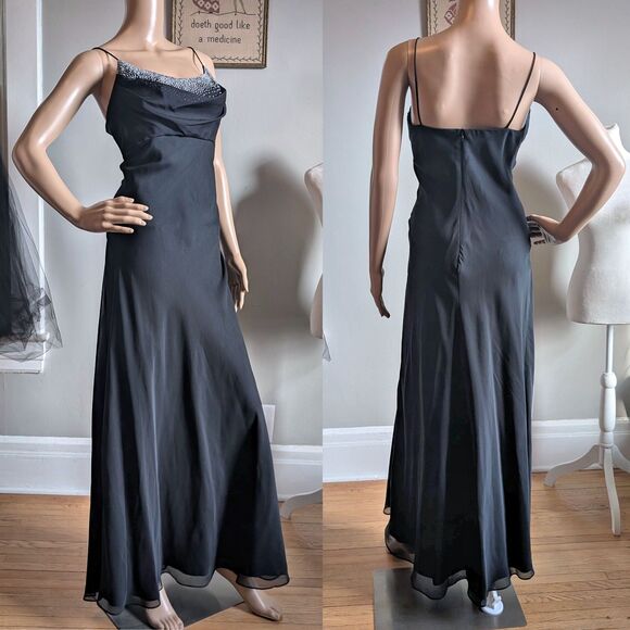 Vintage 90s Cache Prom Gown Beaded Black Cowl Siren Whimsygoth Formal Size 9 - Picture 1 of 14